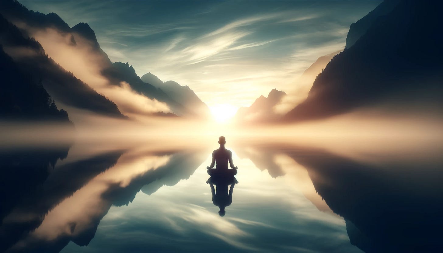 A reflective, serene image showing a person sitting in meditation by a calm lake, surrounded by soft morning light, gentle mist, and a backdrop of mountains. The lake surface is still, mirroring the scene with clarity. The background symbolizes the internal journey of meditation, with tranquil colors and soft, blurred details representing the calmness of mind. The atmosphere should evoke introspection, peace, and presence.