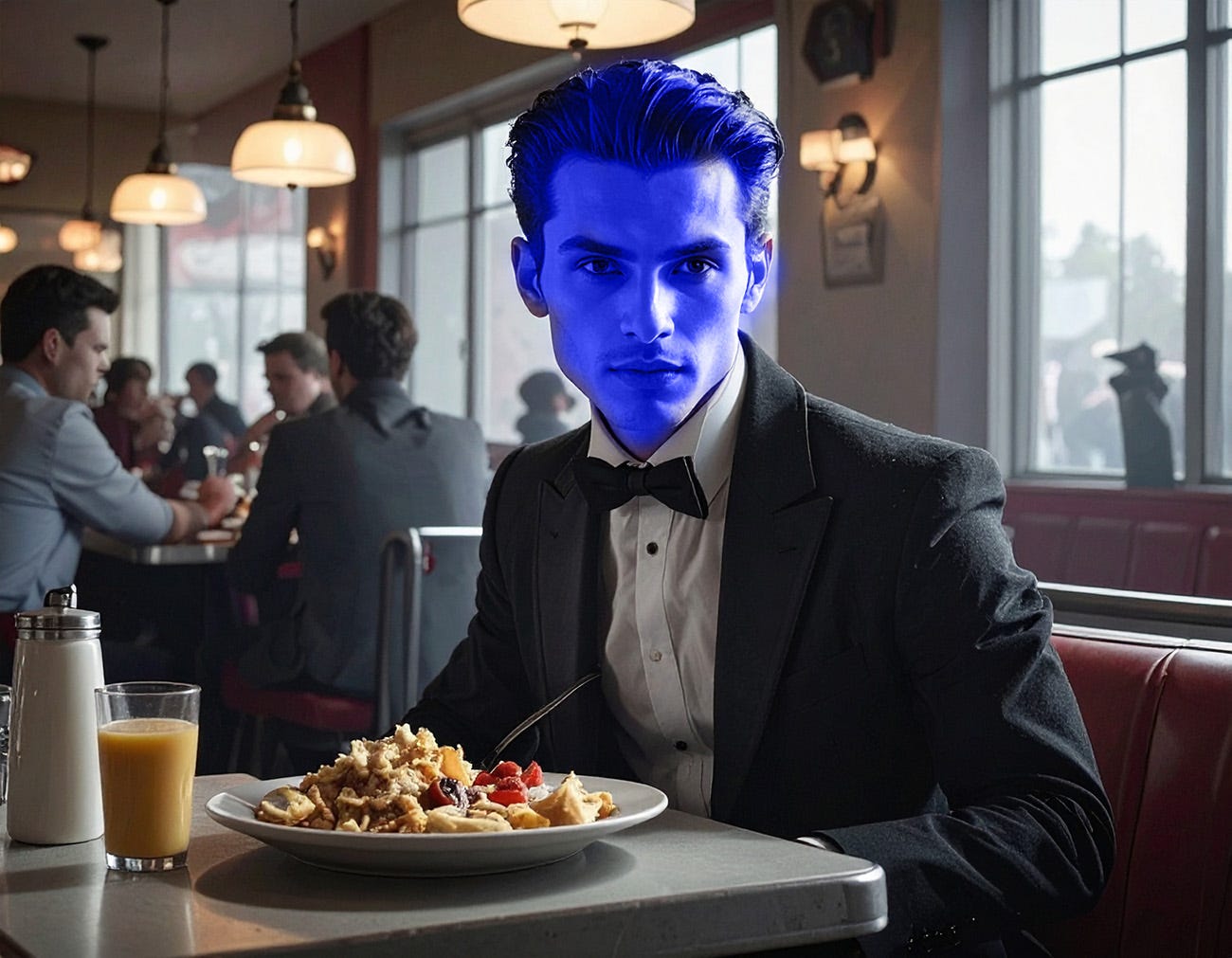 Blueish vampire eating breakfast a diner