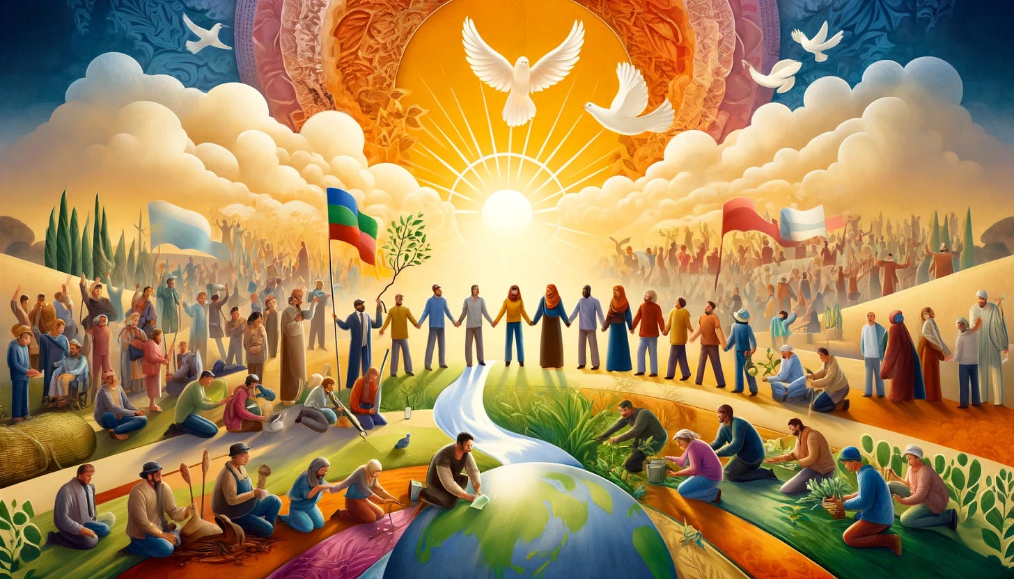A vibrant and hopeful scene depicting humanity's journey towards transformation and renewal. The image should feature diverse people from different backgrounds holding hands in unity, set against a backdrop of a rising sun symbolizing hope. In the foreground, there should be small acts of kindness such as people helping each other and planting trees. The background should include symbols of cooperation, compassion, and reconciliation like doves, olive branches, and bridges connecting different lands. The overall atmosphere should be uplifting and emphasize the themes of peace, justice, and solidarity.