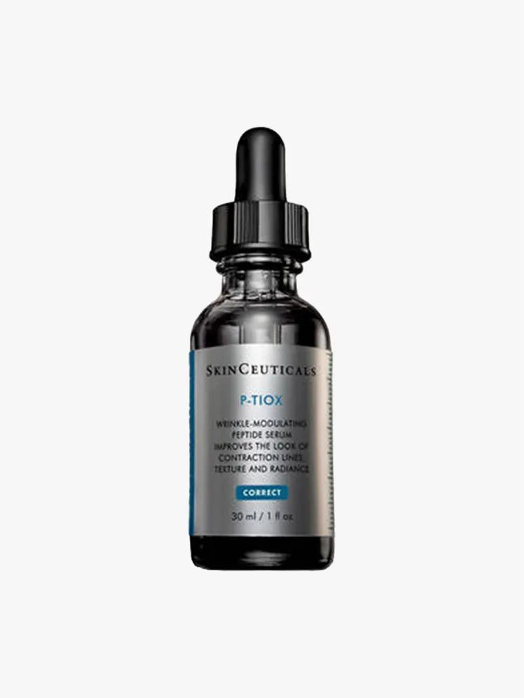 A 30ml glass dropper bottle of SkinCeuticals P-TIOX Wrinkle-Modulating Peptide Serum. The label highlights its benefits for contraction lines, texture, and radiance. A 30ml glass dropper bottle of SkinCeuticals P-TIOX Wrinkle-Modulating Peptide Serum. The label highlights its benefits for contraction lines, texture, and radiance.