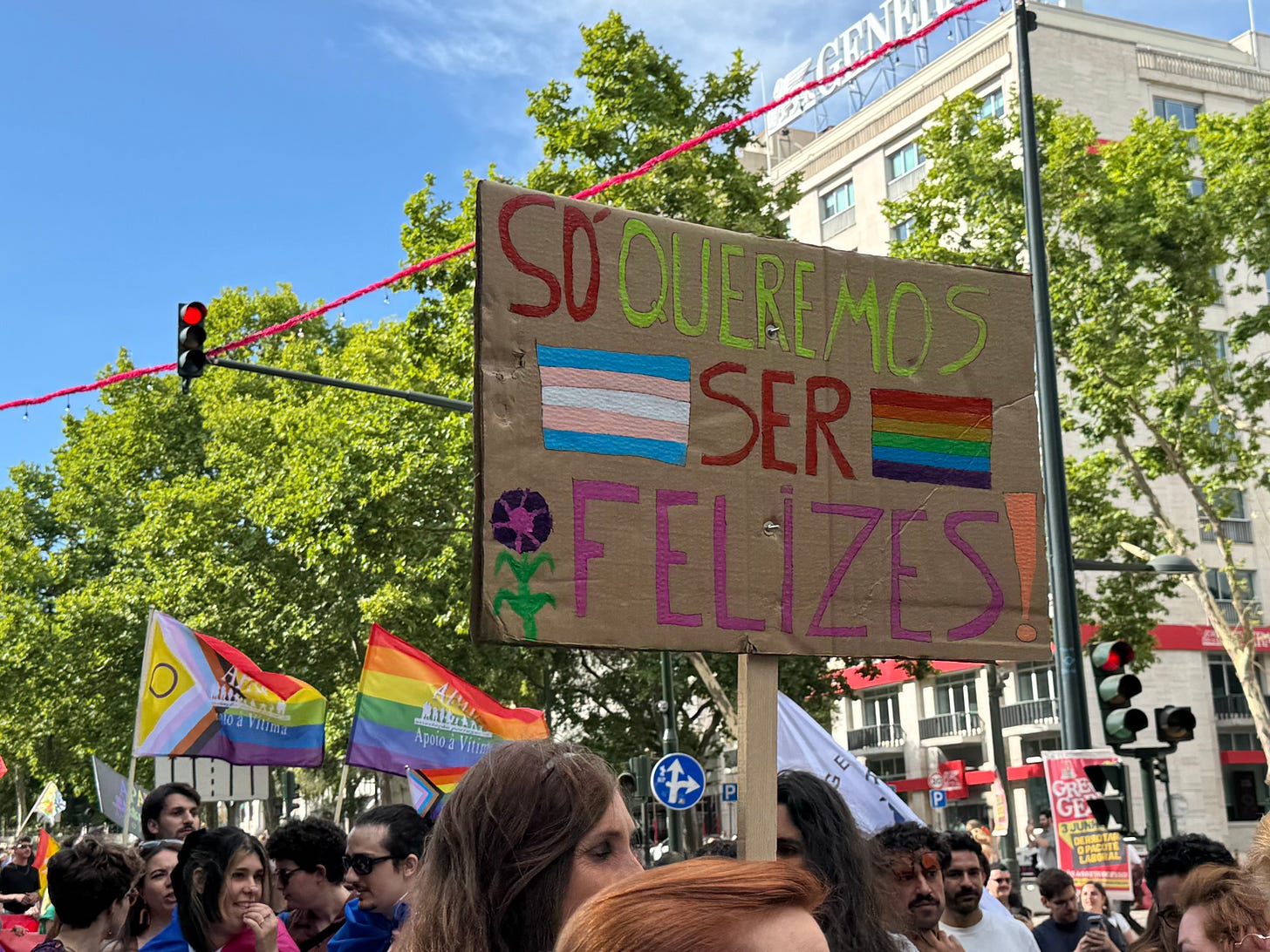 A small sign on cardboard with rainbow and trans flags and the phrase "We just want to be happy" in Portuguese. A small sign on cardboard with rainbow and trans flags and the phrase "We just want to be happy" in Portuguese.