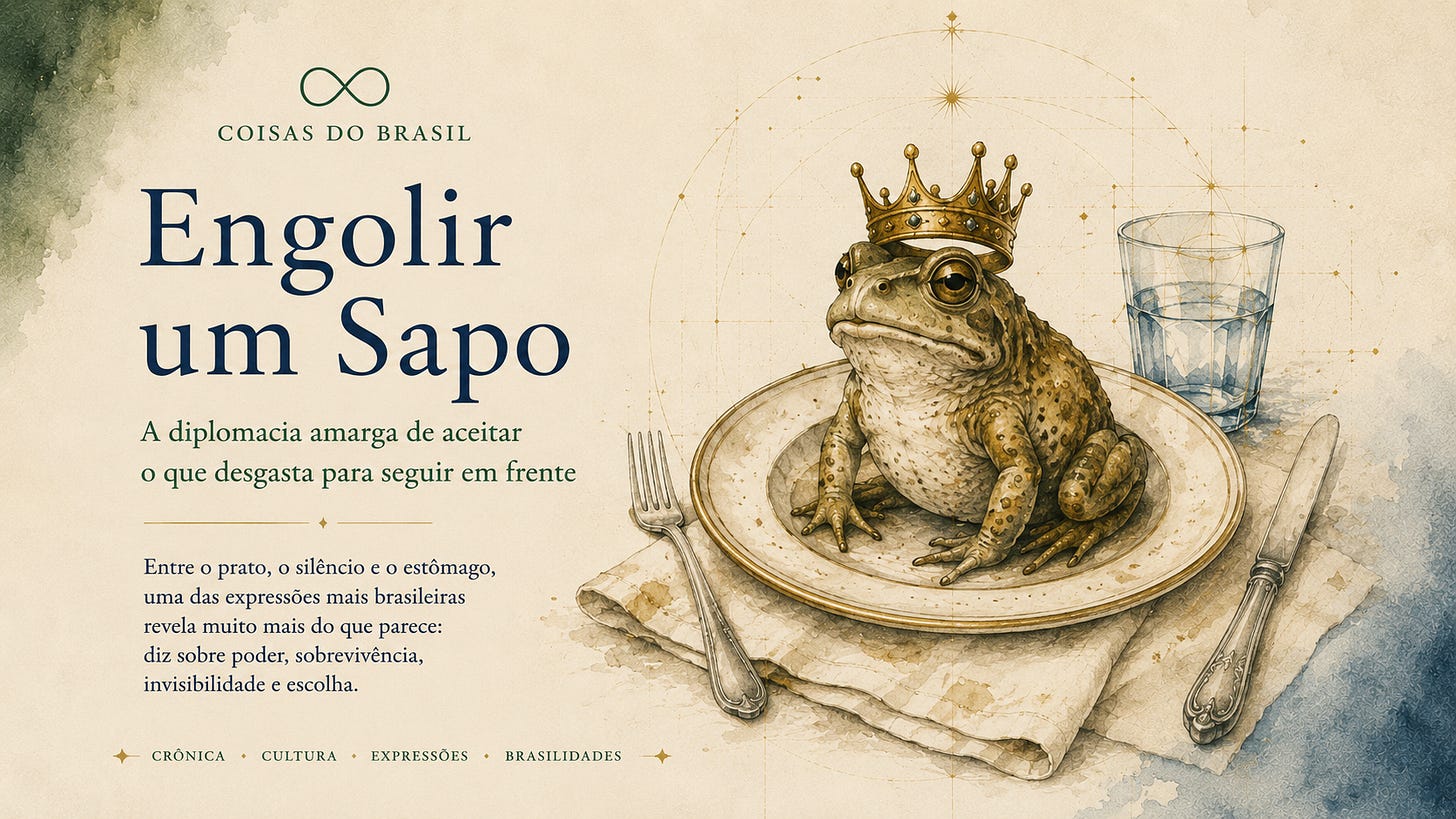 Ilustração em estilo aquarela vintage de um sapo coroado sentado sobre um prato, com talheres, copo d’água e ornamentos geométricos dourados ao fundo. À esquerda, o título “Engolir um Sapo” aparece em tipografia elegante sobre papel creme texturizado, com a marca COISAS DO BRASIL.