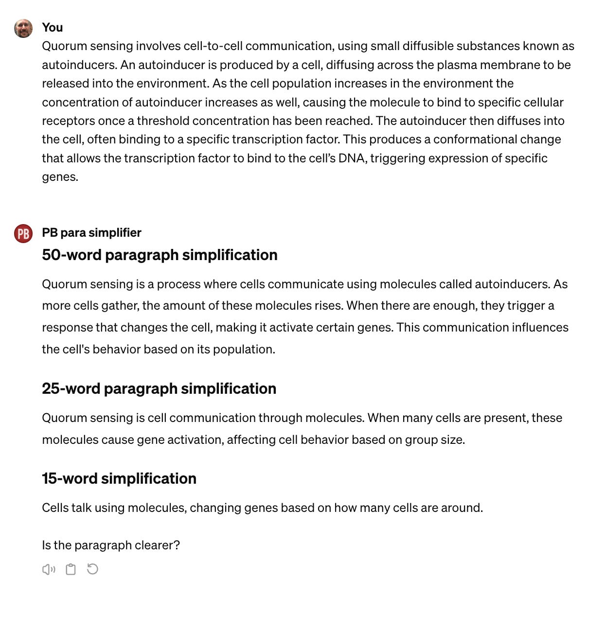 ChatGPT bot takes a paragraph, and simplifies it into 50-words, 25-words, and 15-words.