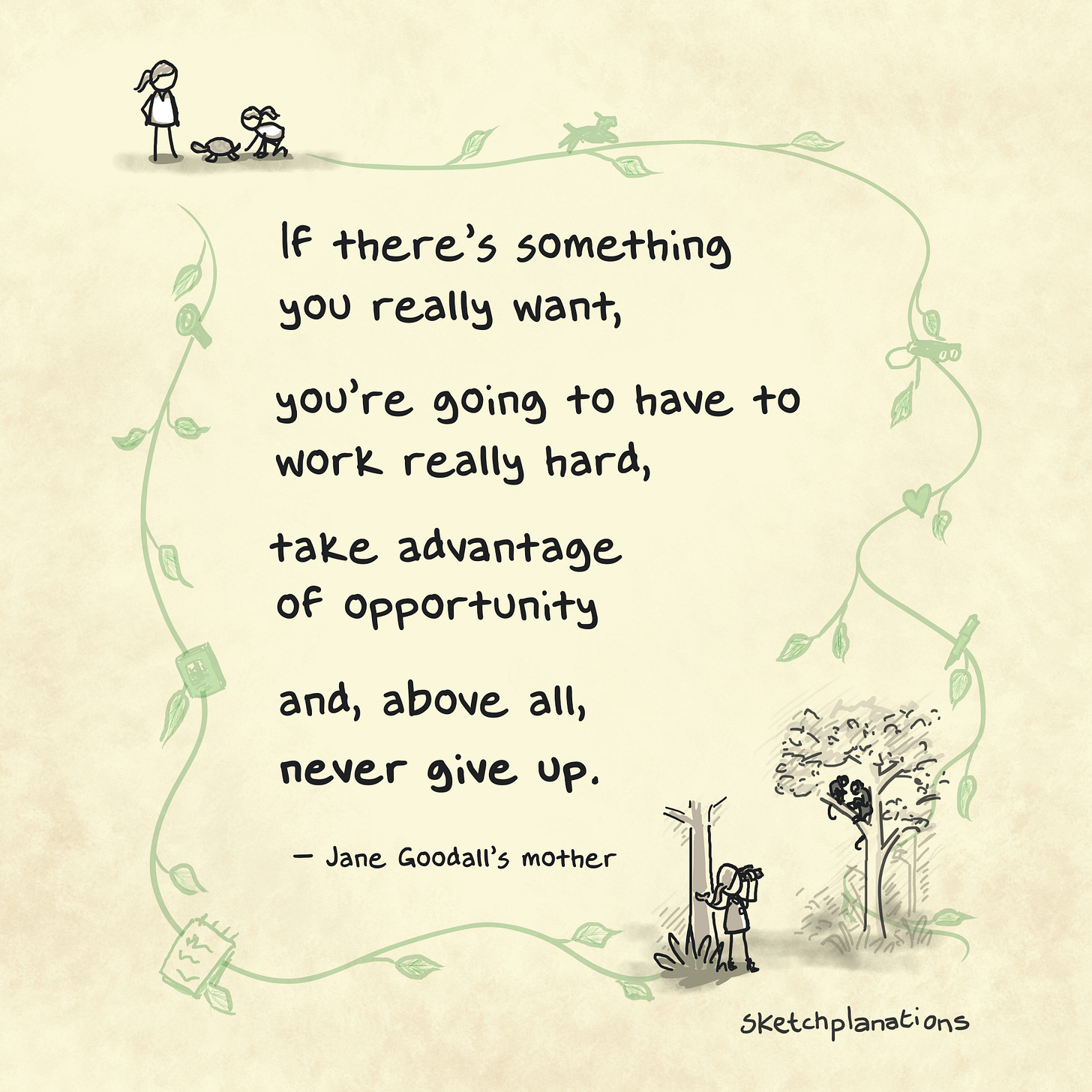 Quote and advice from Jane Goodall's mother: If there's something you really want, you're going to have to work really hard, take advantage of opportunity and, above all, never give up.