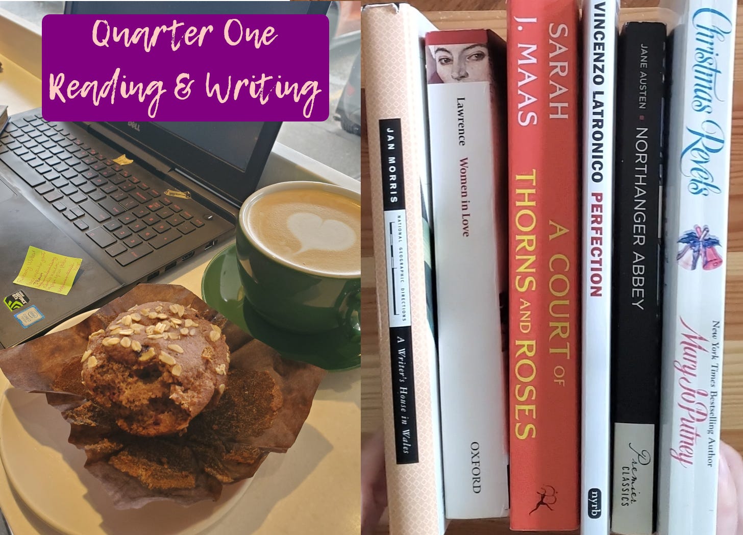 Title reads: Quarter One Reading & Writing. The left half is a latte, muffin and laptop sittin gon a bar table. The right half is a row of books.