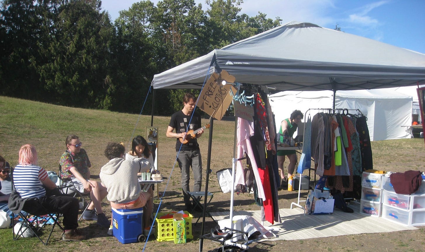 people lounging and making art and music at the park