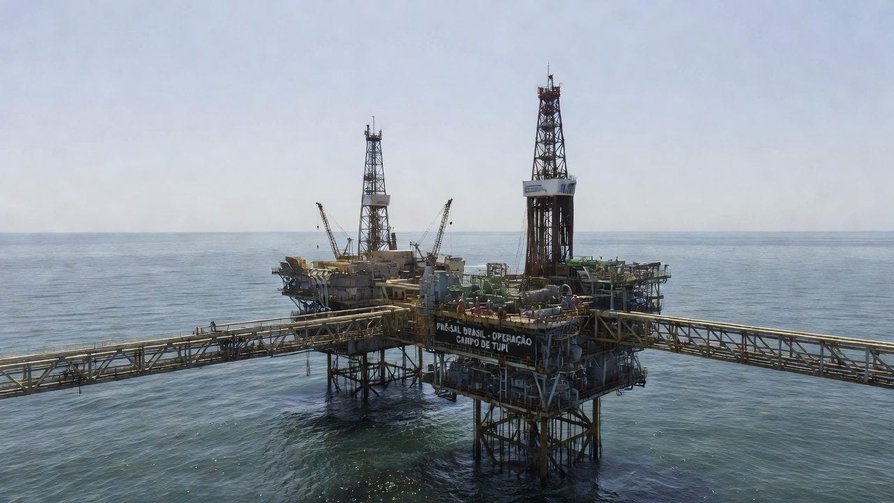 Offshore oil drilling platform with derricks and walkways in calm ocean waters Offshore oil drilling platform with derricks and walkways in calm ocean waters