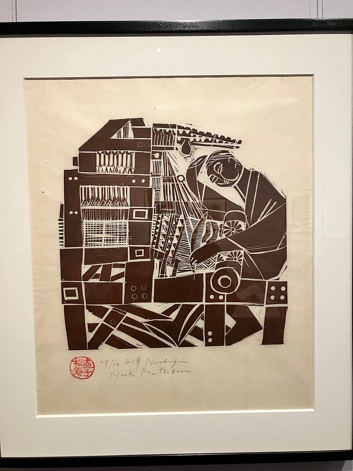 Two woodblock prints showing a weaver and tiled rooftops