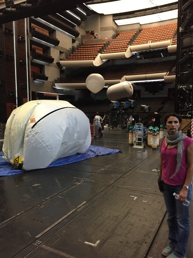 Lighting balloon on stage with Fanny after the final shoot in the top balcony at rear Lighting balloon on stage with Fanny after the final shoot in the top balcony at rear