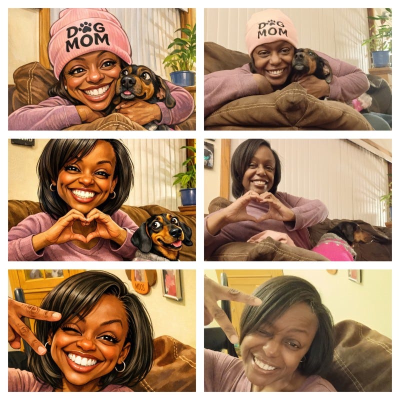 ChatGPT caricature images of Shamontiel and her dog Junee