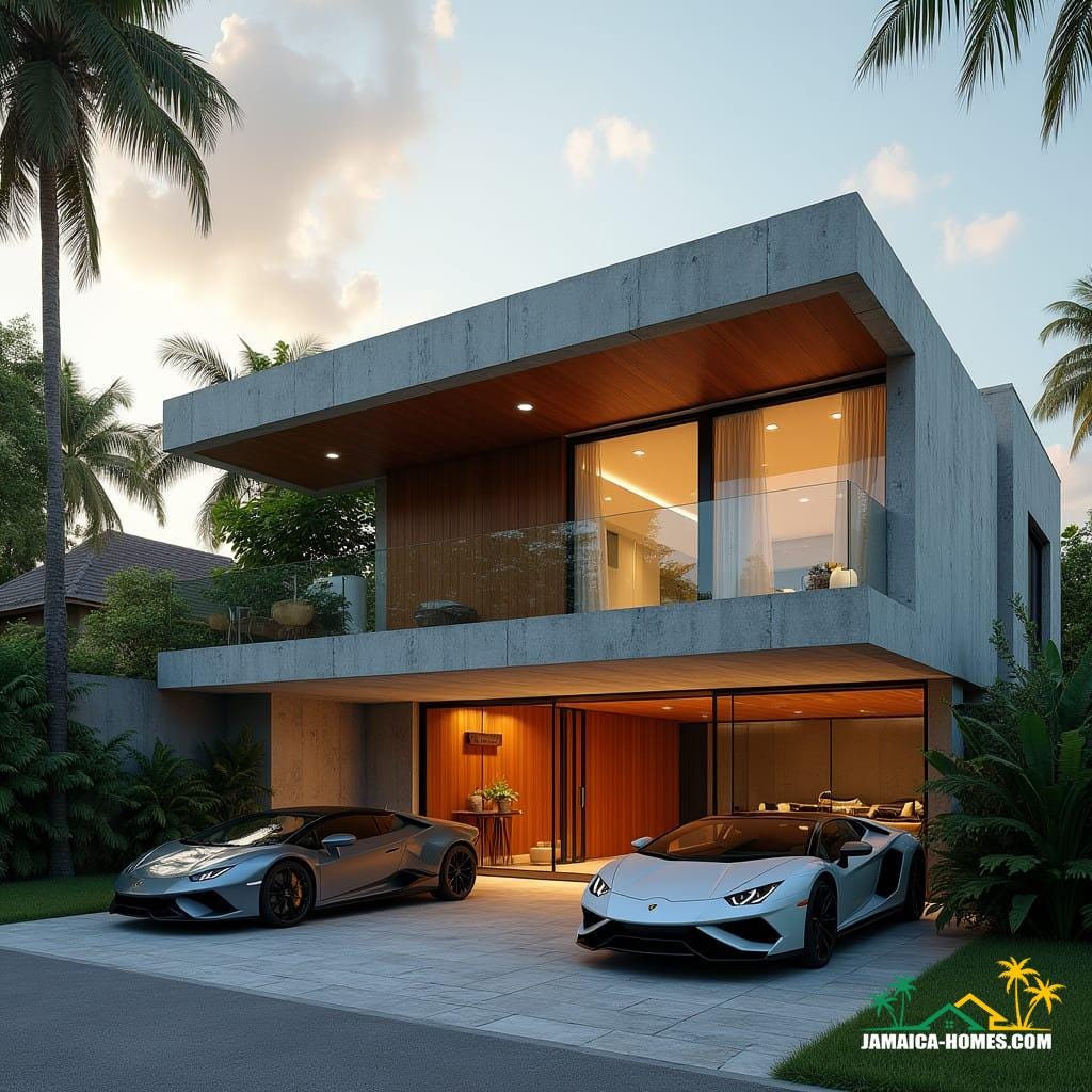 A sleek, modern townhouse in Kingston, Jamaica, with a striking façade combining rough-hewn concrete, rich wood paneling, and expansive glass balconies that seem to float above the lush tropical landscaping. The grand entrance is a masterclass in minimalist chic, with a steel and glass door that appears to dissolve into the surrounding architecture, accentuated by subtle recessed lighting that casts a warm glow. Bold, protruding concrete windows add a touch of futuristic flair, while luxury cars gleam in the driveway, their sleek lines reflected in the polished glass. The atmosphere is electric, capturing the vibrant essence of upscale urban living in Jamaica's capital. Inspired by the cinematic stylings of Denis Villeneuve, shot through the lens of a v-raptor XL, with a warm, cinematic film grain, subtle vignette, and rich color grading that evokes the golden light of a Caribbean sunset, this image is a post-processed masterpiece, with atmospheric lighting that recalls the grandeur of 35mm film.