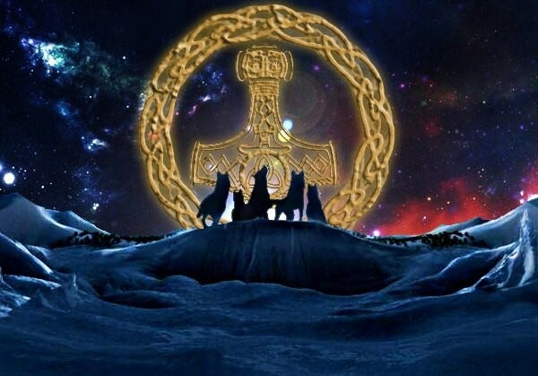 This may contain: three cats standing on top of a mountain under a star filled sky with the moon in the background