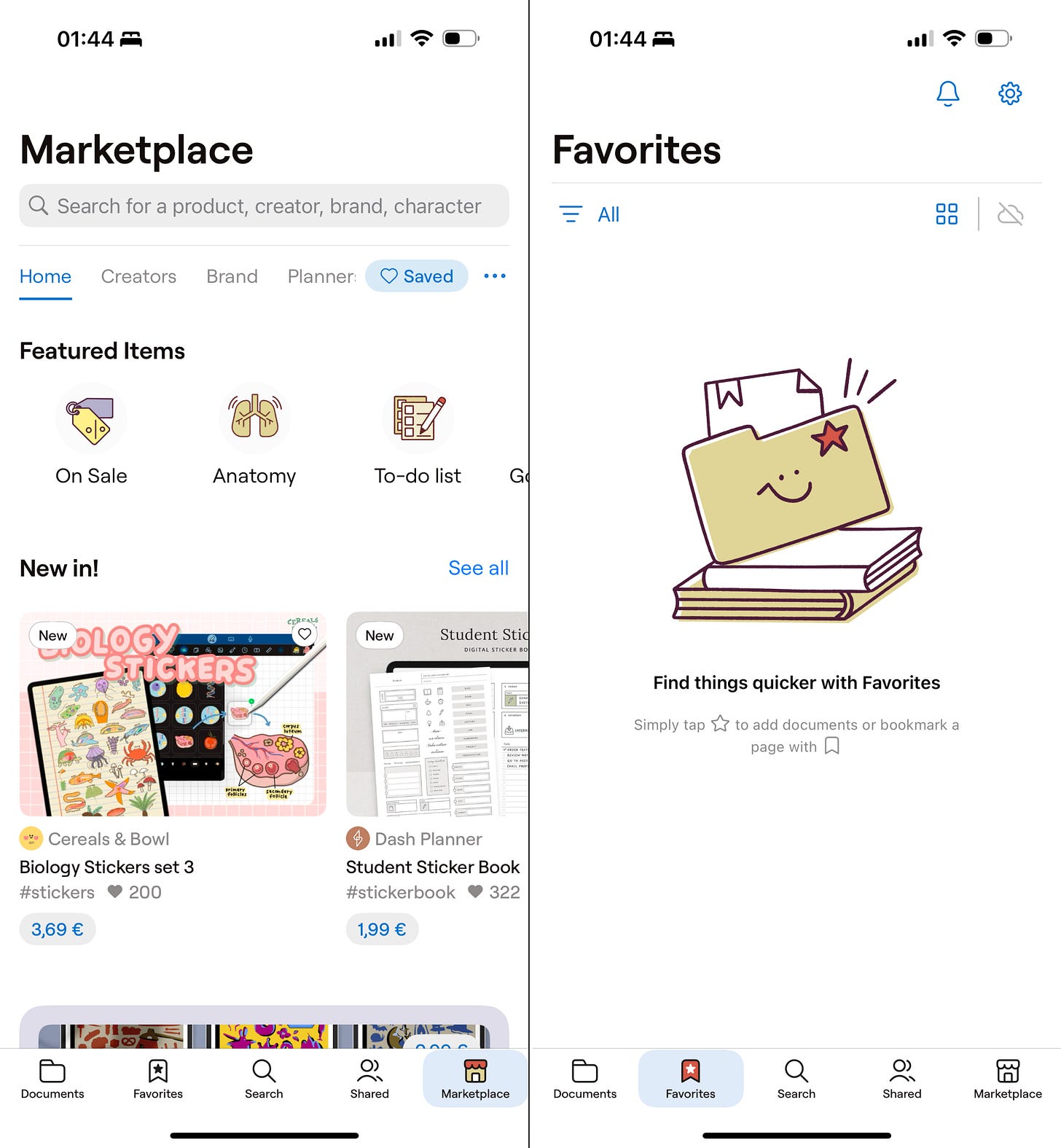Marketplace and Favorites Screens. 