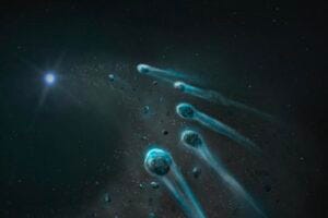 Artists Impression of white dwarf WD 1647+375 accreting icy planetary fragments from a pluto-like world, creating the chemical signature idenfitifed in this study