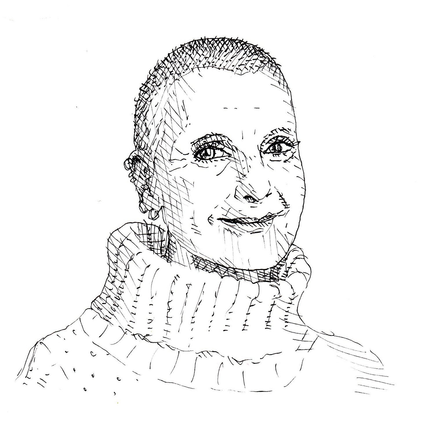 Line drawing of Elizabeth Gilbert. Gilbert is smiling and wearing a turtleneck. Her hair is buzzed and several earrings are visible on her right ear. Line drawing of Elizabeth Gilbert. Gilbert is smiling and wearing a turtleneck. Her hair is buzzed and several earrings are visible on her right ear.