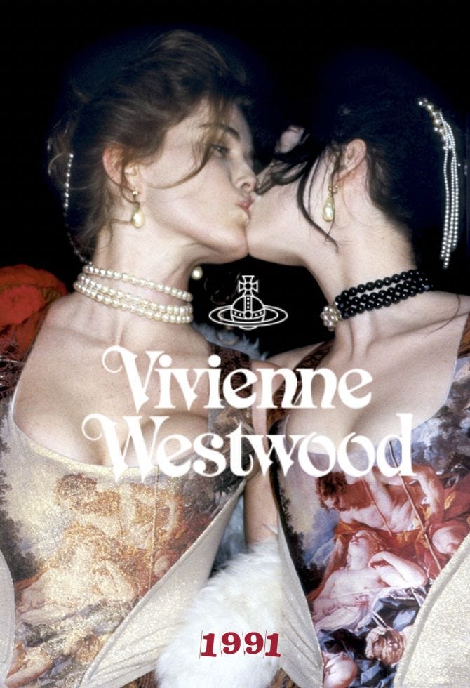 This may contain: two women kissing each other with the words viviene westwood in front of them