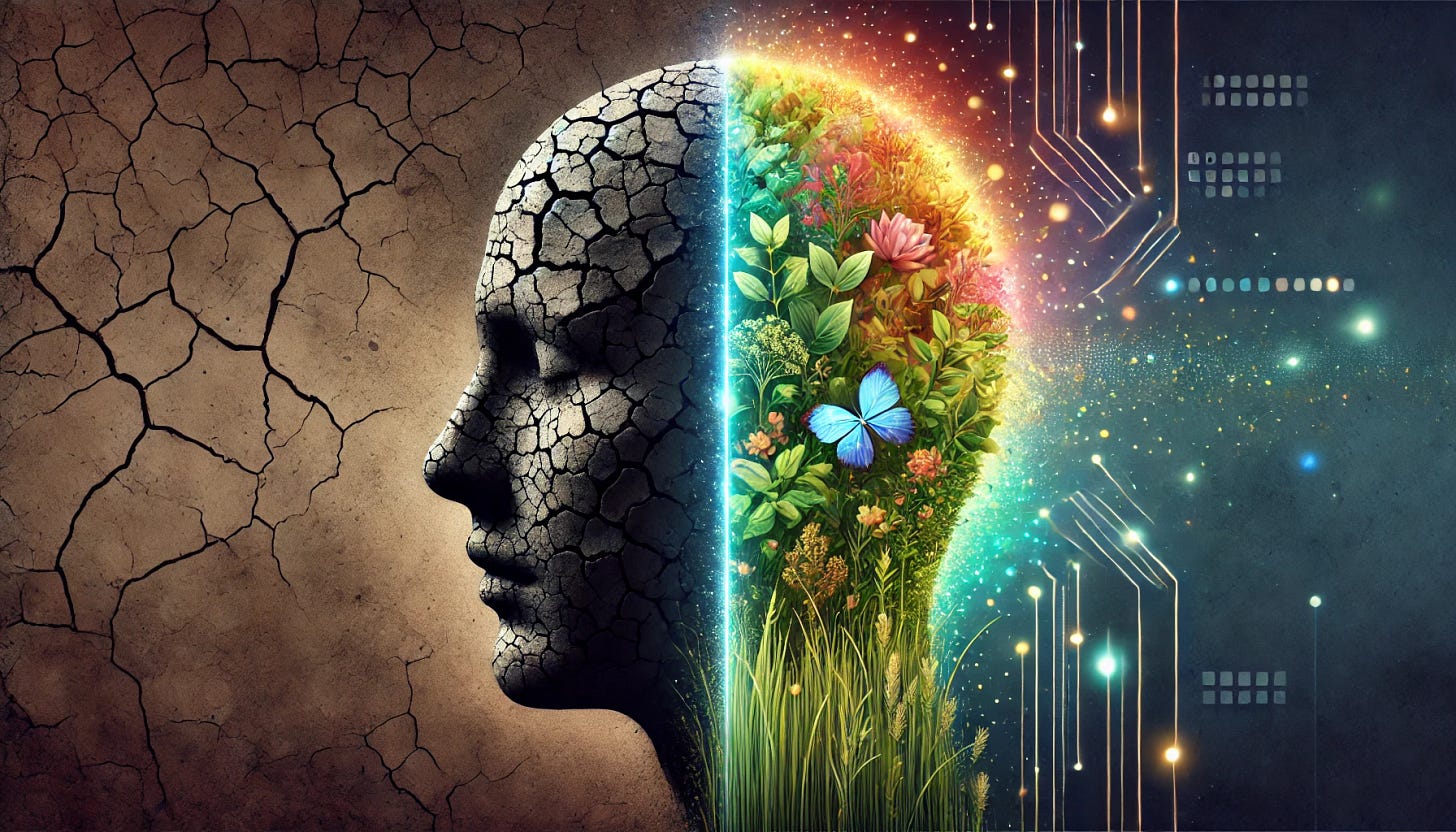 A digital illustration of a human head in silhouette, divided into two halves. The left half represents scarcity, depicted in muted, desaturated tones with cracks, dryness, and a sense of lack. The right half symbolizes abundance, bursting with vibrant colors, lush greenery, digital elements, and a futuristic glow. The contrast between the two sides is stark, visually conveying the shift from scarcity to prosperity.