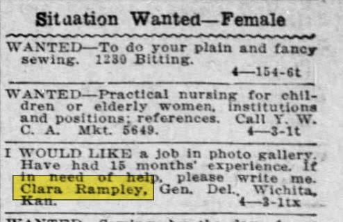 May be an image of text that says 'Situation Wanted Wanted-Femal Female WANTED-To do your plain and fancy sewing. 1230 Bitting. 4-154-6t WANTED- Practical nursing for chil- dren or elderly women, Institutions and positions: references, Call Y.W. C. A. Mkt. 5649. 3-1t I WOULD LIKE a job in photo gallery Have had 15 months experlence. it ίπ neeT ot ठेलो. please write me. Clara Rampley, Gen. Del.. Wichita, Kat. 1tx'
