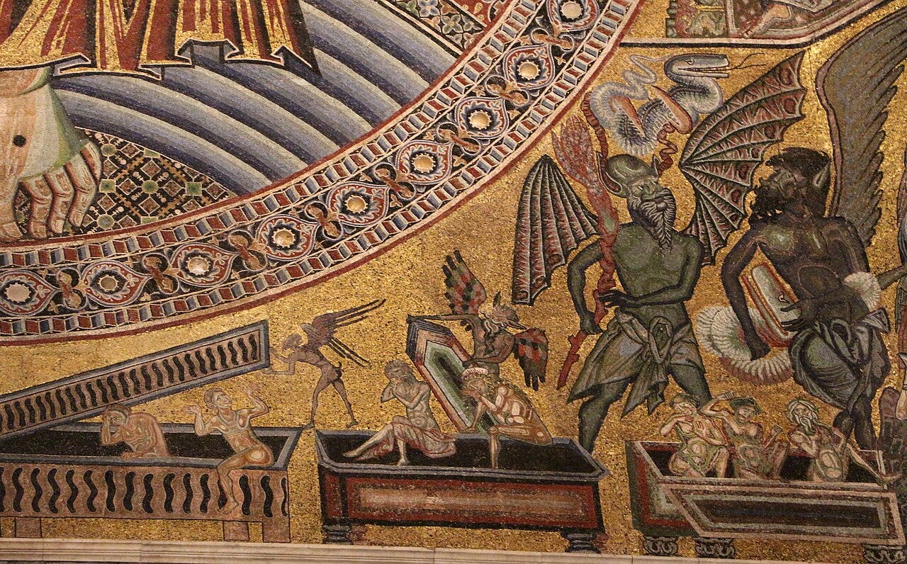 A giant horned Satan on a throne of flame eating sinners, mosaic ceiling of the Florence Baptistery