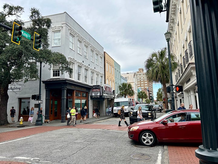 streets, cars, palmetto trees, colors