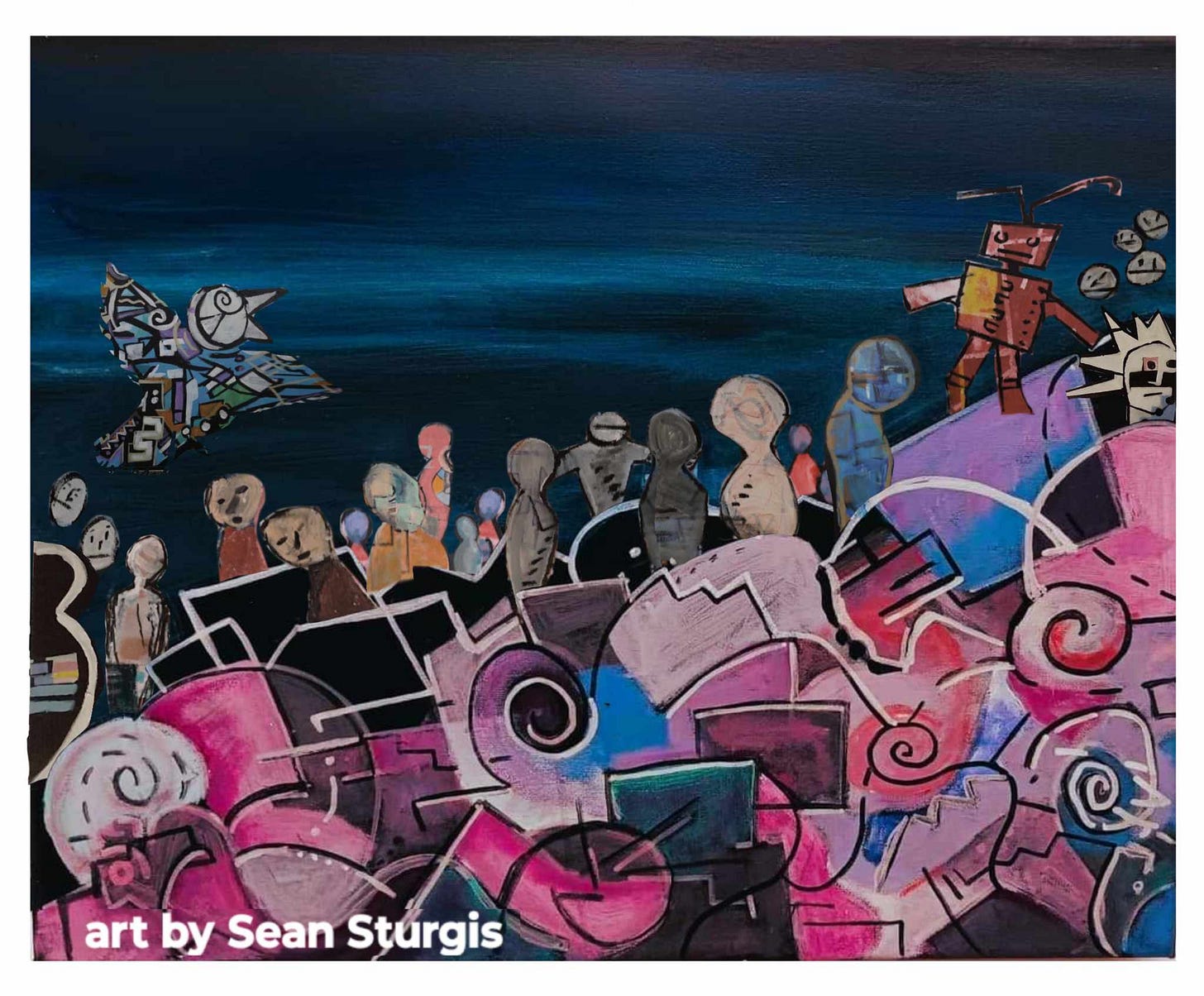 An abstract painting with pink circular shapes on the bottom and figures of people walking along the horizon and a bird flying above them An abstract painting with pink circular shapes on the bottom and figures of people walking along the horizon and a bird flying above them