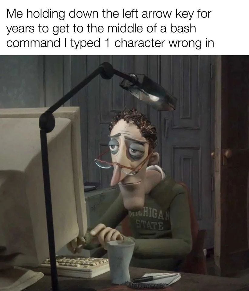 May be an image of 1 person and text that says 'Me holding down the left arrow key for years to get to the middle of yst a bash command I typed 1 character wrong in'
