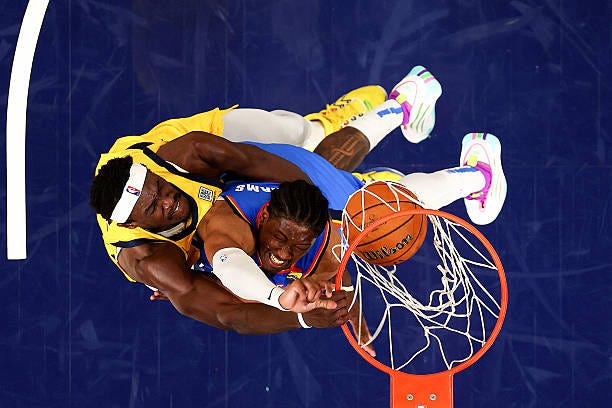 Pascal Siakam of the Indiana Pacers dunks against Jalen Williams of the Oklahoma City Thunder during the third quarter in Game Six of the 2025 NBA... Pascal Siakam of the Indiana Pacers dunks against Jalen Williams of the Oklahoma City Thunder during the third quarter in Game Six of the 2025 NBA...