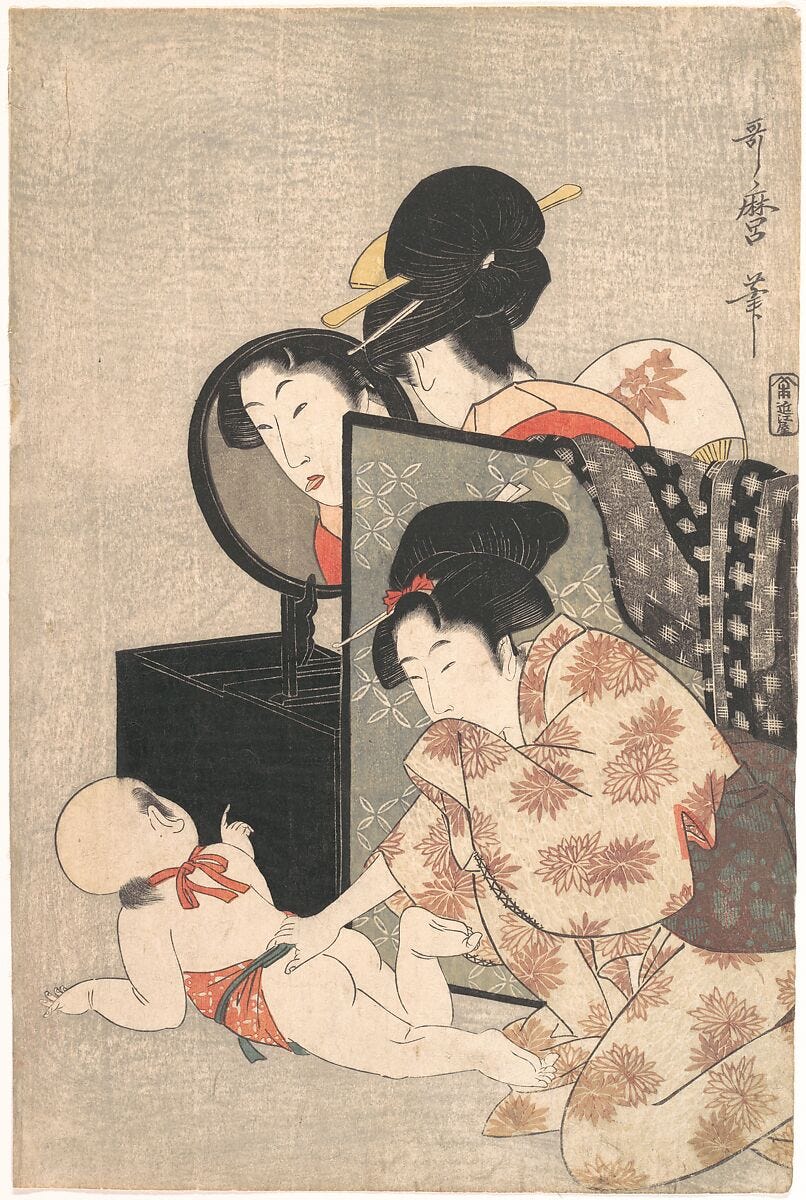 Mother and Child, Kitagawa Utamaro (Japanese, ca. 1754–1806), Woodblock print; ink and color on paper, Japan Mother and Child, Kitagawa Utamaro (Japanese, ca. 1754–1806), Woodblock print; ink and color on paper, Japan