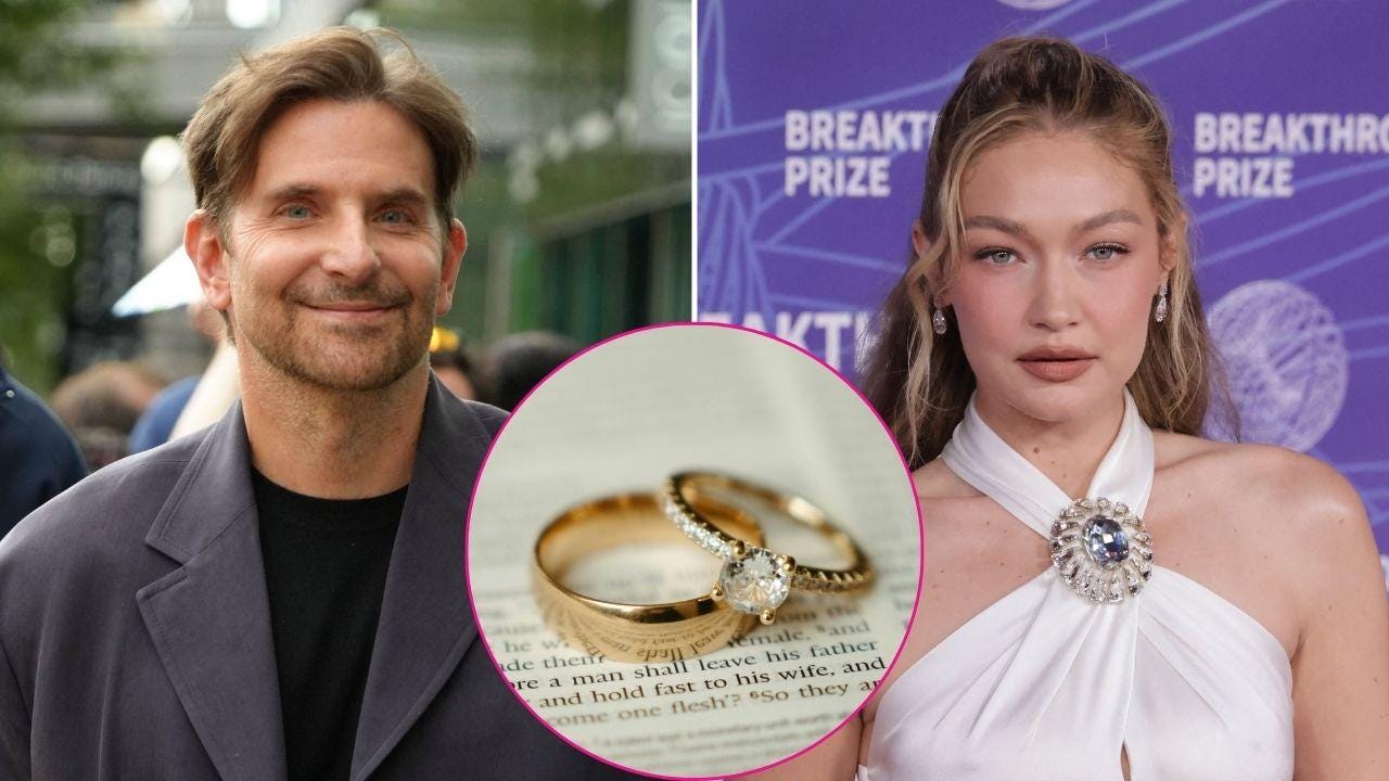 Composite photo of Bradley Cooper, Gigi Hadid and wedding rings. Composite photo of Bradley Cooper, Gigi Hadid and wedding rings.