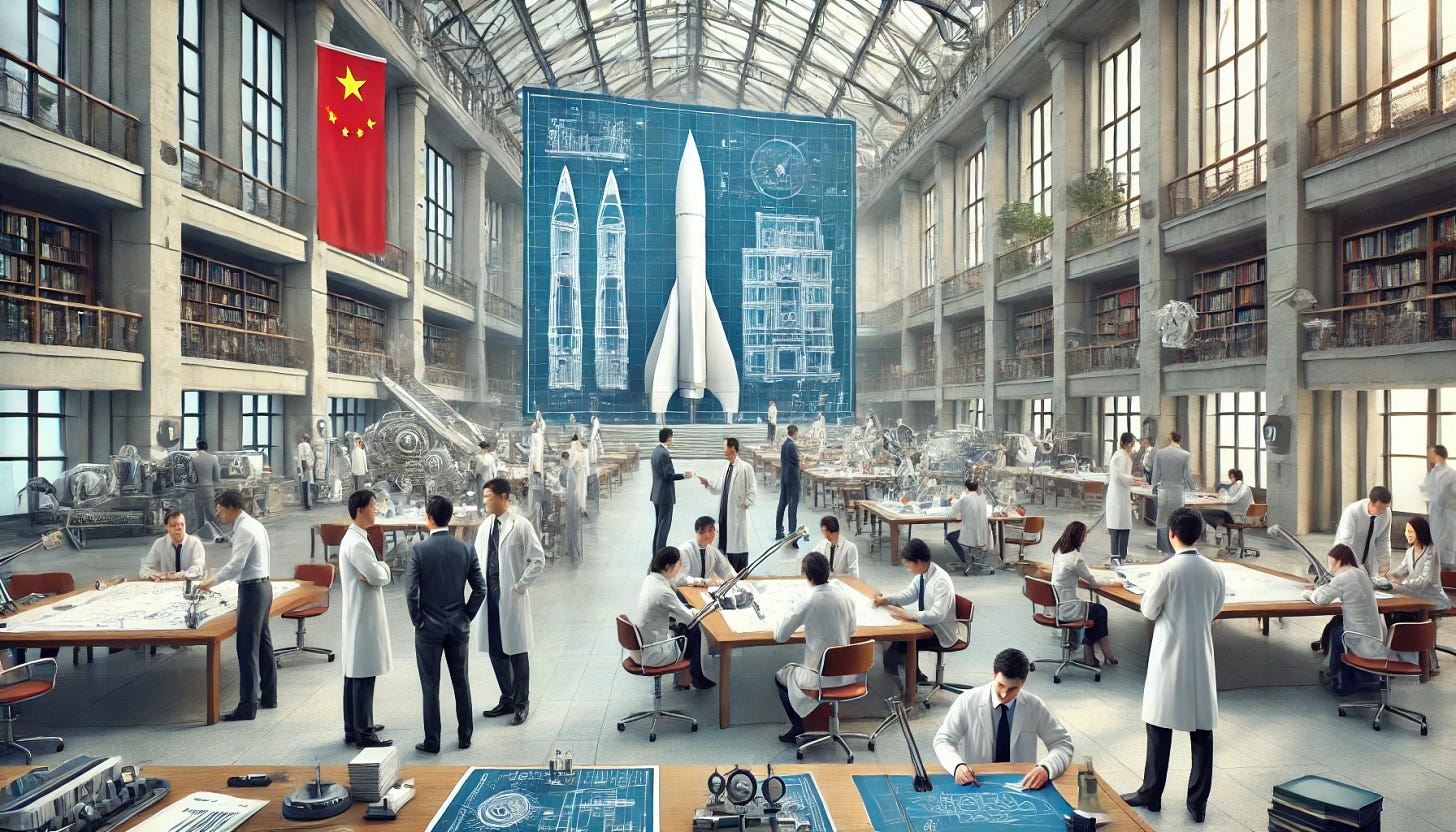 Create an image of Chinese and Western scientists collaborating on missile designs within a university setting. Show a spacious, modern academic hall or lecture room filled with advanced engineering equipment, drafting tables, and digital screens displaying missile schematics. The scientists, dressed in professional attire and lab coats, should be interacting in groups, discussing designs, and pointing to large blueprints or 3D models of missiles. Include university elements such as bookshelves, scientific posters, and a campus logo subtly visible in the background. The atmosphere should be bright and collaborative, representing academic teamwork and innovation.