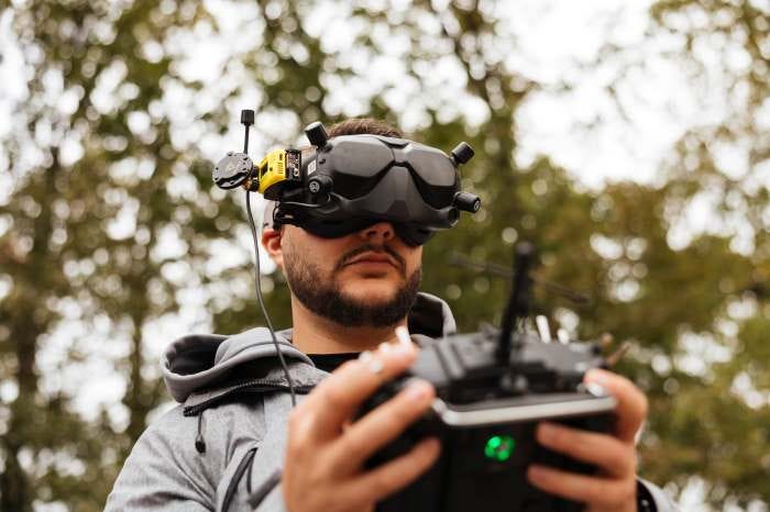 An employee of Blue Arrow, an American and Ukrainian joint venture, tests a first-person-view drone. 