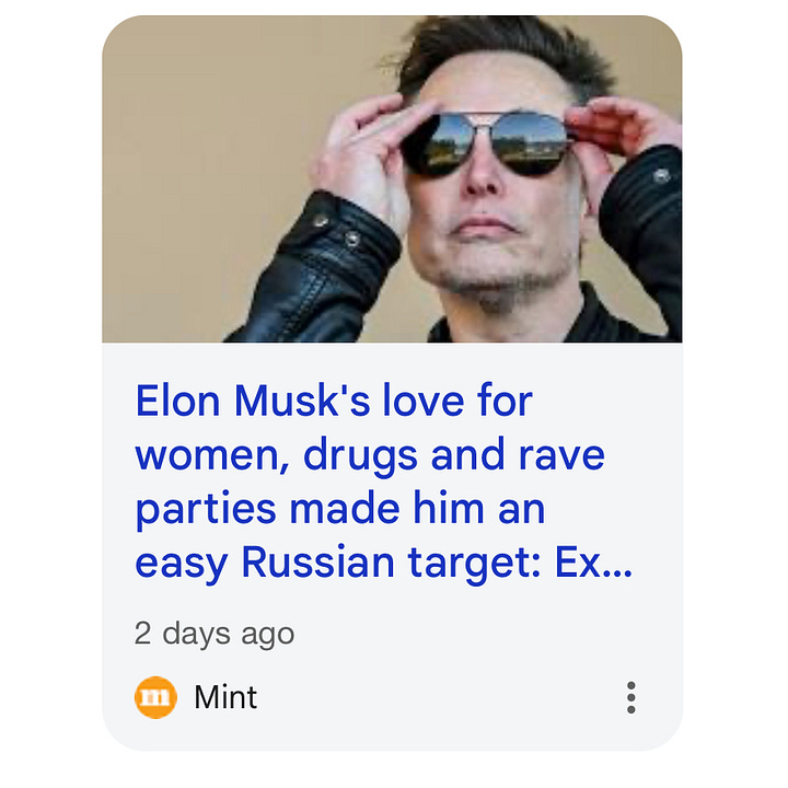 Screencaps of the few articles about Elon Musk being targeted by Russian Intelligence