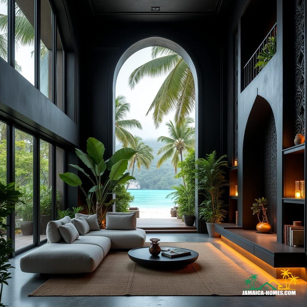 A luxurious modern Gothic-inspired interior in a Caribbean cottage