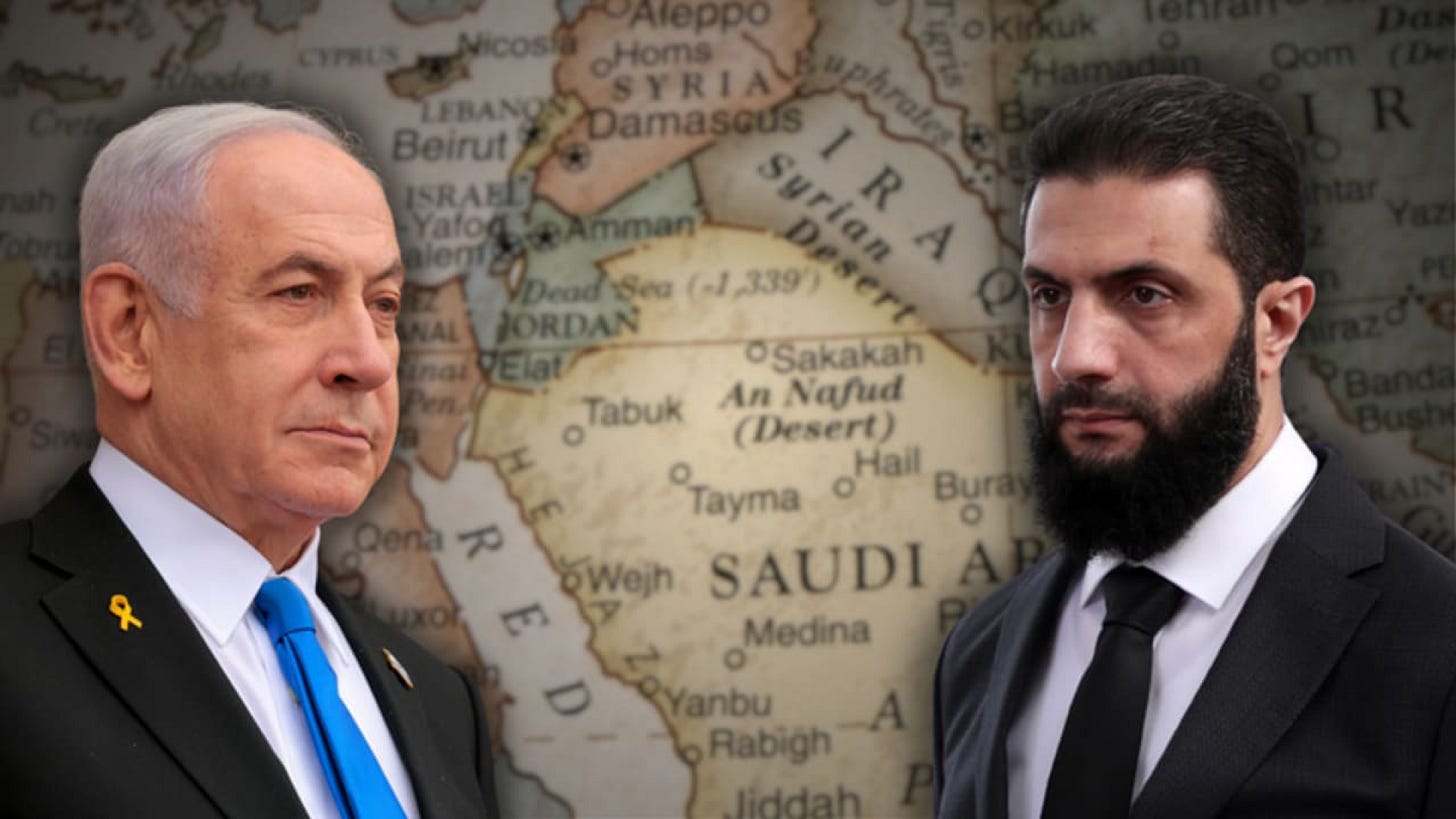 Prime Minister Benjamin Netanyahu and Syrian President Ahmed al-Sharaa, with a map of the Middle East (Illustrative). (photo credit: Chip Somodevilla, Ali Haj Suleiman, KeithBinns/Getty Images)