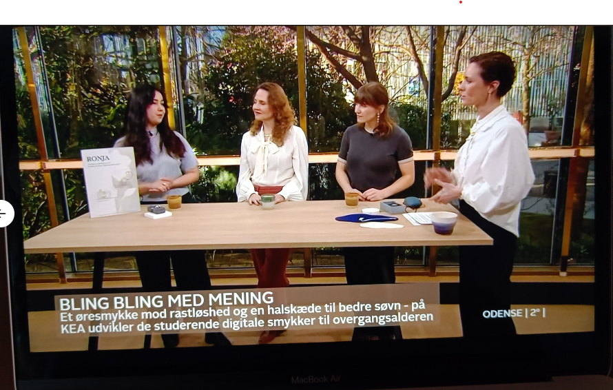 Two students from the Jewellery, Technology, and Business Institute at the Copenhagen Business Academy (KEA) were interviewed about their Meaningful Menopause Jewellery prototypes at the Danish national tv station TV2 in the morning programme 'Go' Morgen Danmark' together with tech journalist Christiane Vejlø. The students used material and principles developed by Dr. Vanessa Julia Carpenter who has been teaching the students this year and the past four years. Photo from tv2.dk