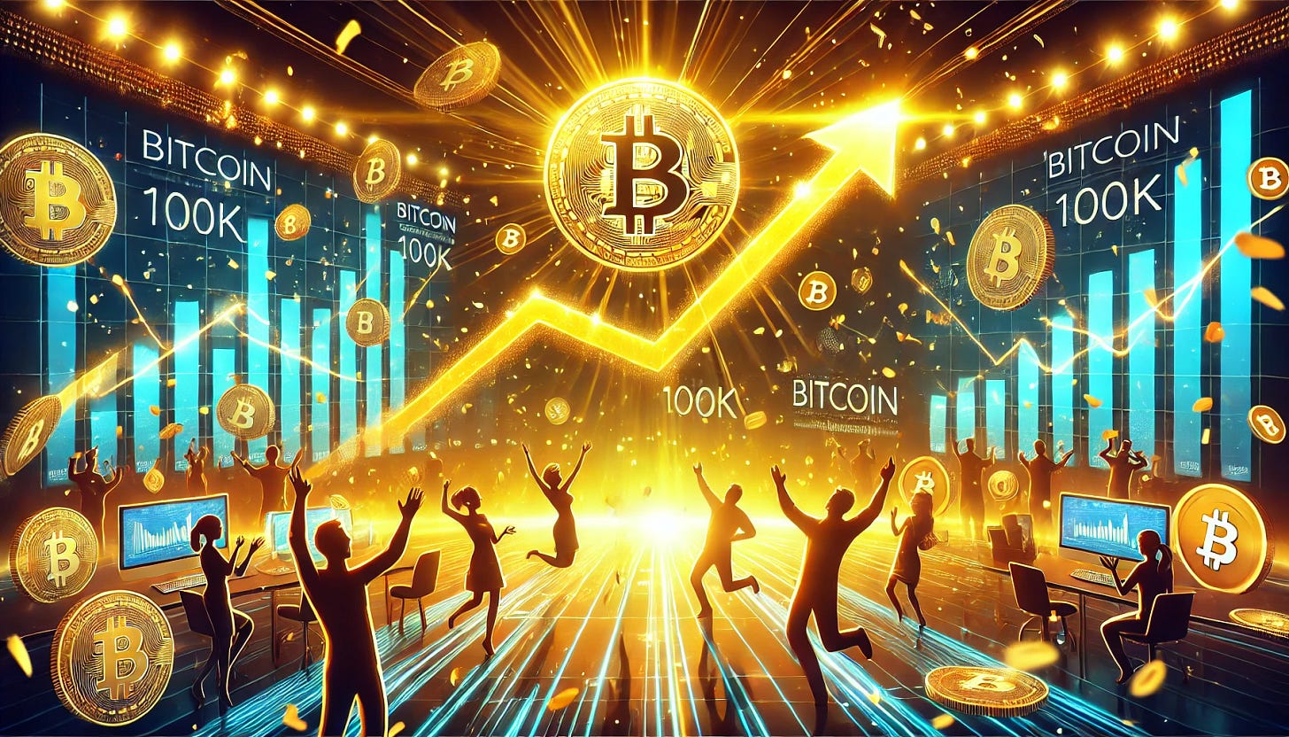 A celebratory illustration of Bitcoin reaching 100K, featuring a vibrant, upward-trending financial chart with glowing golden lines and Bitcoin symbols. In the foreground, ecstatic people celebrating with confetti and Bitcoin-themed decorations. The background shows a digital financial hub with glowing screens and cryptocurrency icons. Bright, golden lighting emphasizes success and growth, with dynamic shadows and reflections.
