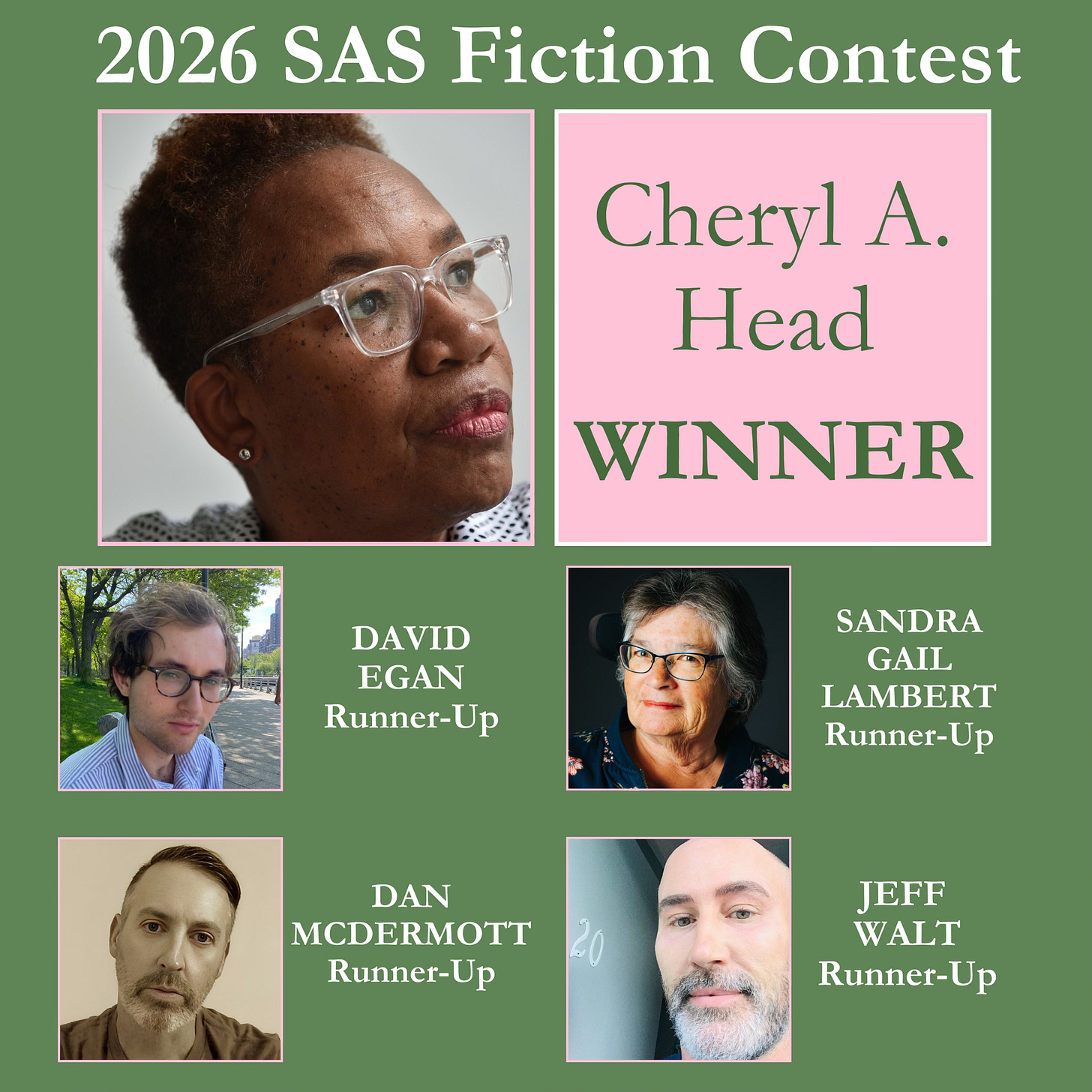 A poster announcing the winner and runners up of the 2026 SAS Fiction Contest. 