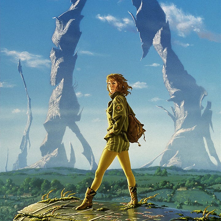 LEFT: Detail from ARKADY featuring a young woman with red hair standing on a metal platform set against a pastoral backdrop and blue skies. One foot is forward to form an inverted V with her legs, echoing the form of the ruined towers behind her. RIGHT: Close detail from ARKADY featuring a young woman wearing an olive green jacket. On the sleeve is a diagram with red circle at the center and one ring around it. A directional arrow at the bottom points counter clockwise. Her shorts are the same olive green, but with yellow stripes. She wears yellow tights underneath. Her low leather boots have black warning stripes at the back. A leather bag is slung over her far shoulder. Her hand rests on her hip as she turns her head toward the audience.
