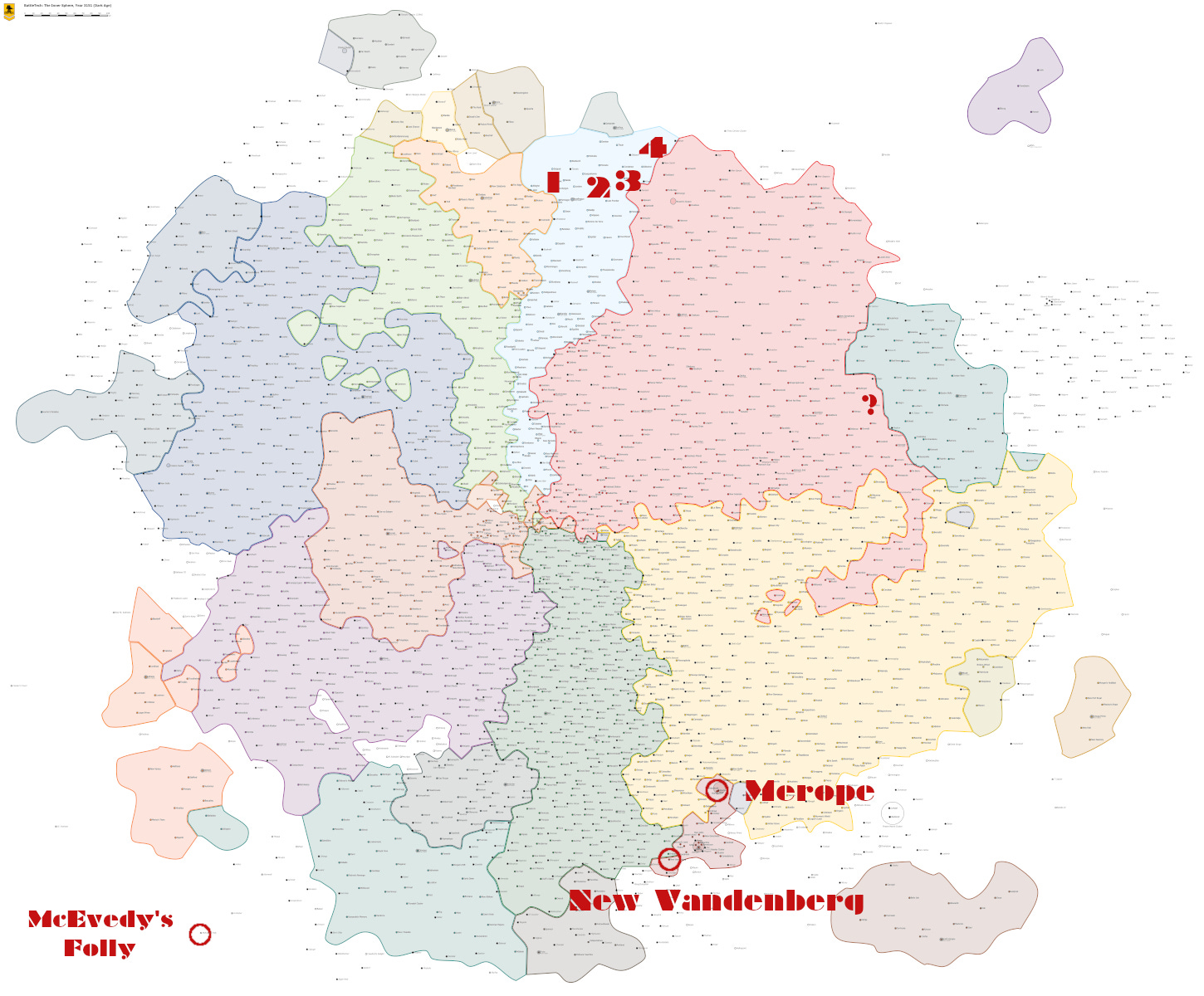 Wolverine sites indicated on a map of the Inner Sphere with 3151 borders. Sites 1,2,3,4 are in 3151's Rasalhague Dominion in the Coreward ("North") part of the Inner Sphere. The '?" site is on the border between the Draconis Combine and the Raven Alliance, in the Spinward ("East") area. Mreope and New Vandenberg are marked in the Taurian Concordat, in the Rimward ("South"). McEvedy's Folly is marked far Coreward and Anti-Spinward ("South-West").