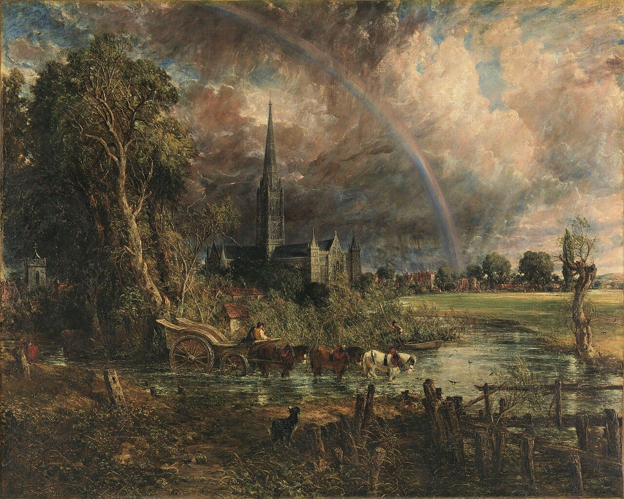 Salisbury Cathedral under storm clouds with a rainbow arcing down beside the spire Salisbury Cathedral under storm clouds with a rainbow arcing down beside the spire