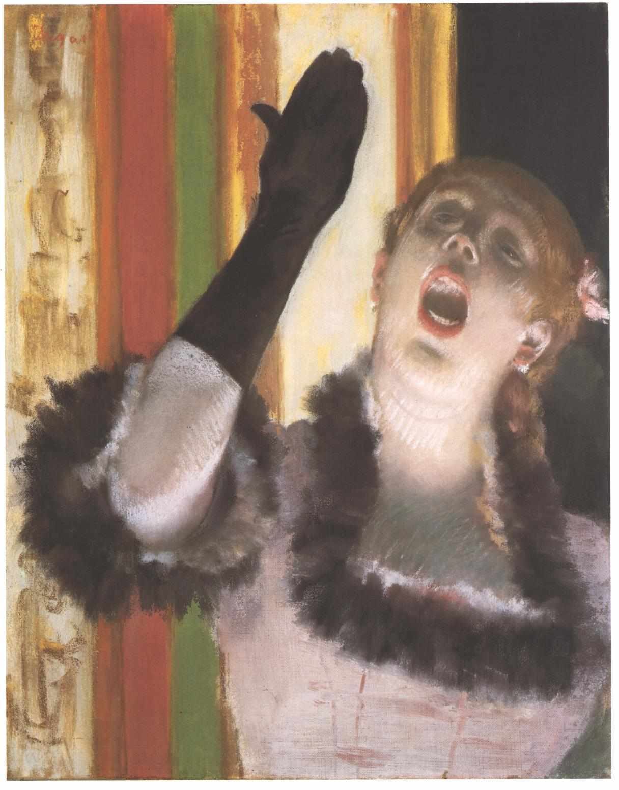 Edgar Degas, Singer with a Glove, pastel on canvas, about 1878: a café singer in a pink dress lifting a black gloved hand Edgar Degas, Singer with a Glove, pastel on canvas, about 1878: a café singer in a pink dress lifting a black gloved hand