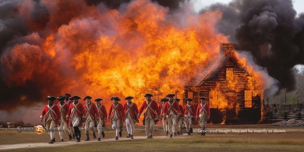 British soldiers burning tobacco warehouses during the Tobacco War.