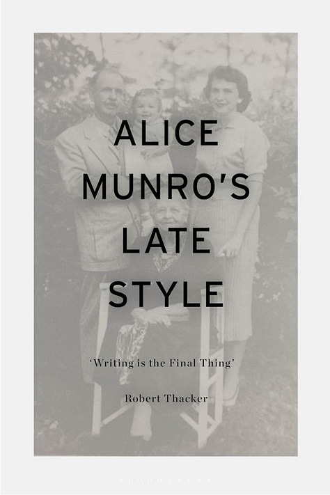 Covers of Robert Thacker books about Alice Munro. See links in text. Photo of Robert Thacker smiling beside a tree wearing a dark jacket, white shirt, and red tie.