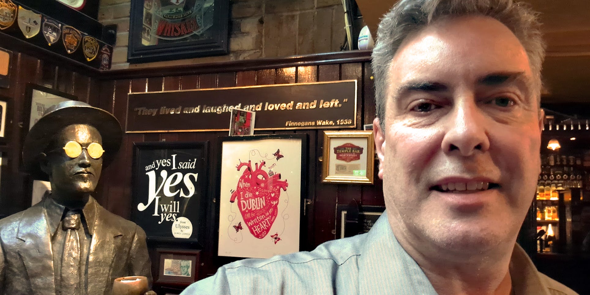 Graham Strong at James Joyce statue in Temple Bar, Dublin. Graham Strong at James Joyce statue in Temple Bar, Dublin.