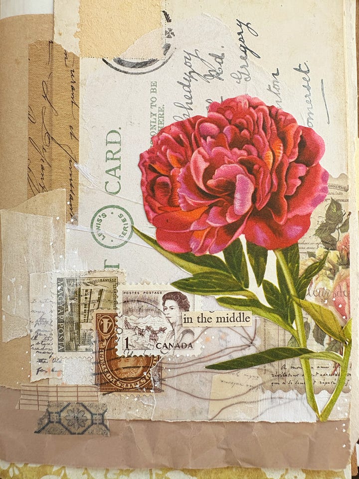 Close up of mixed-media collage featuring a red peony cut-out.