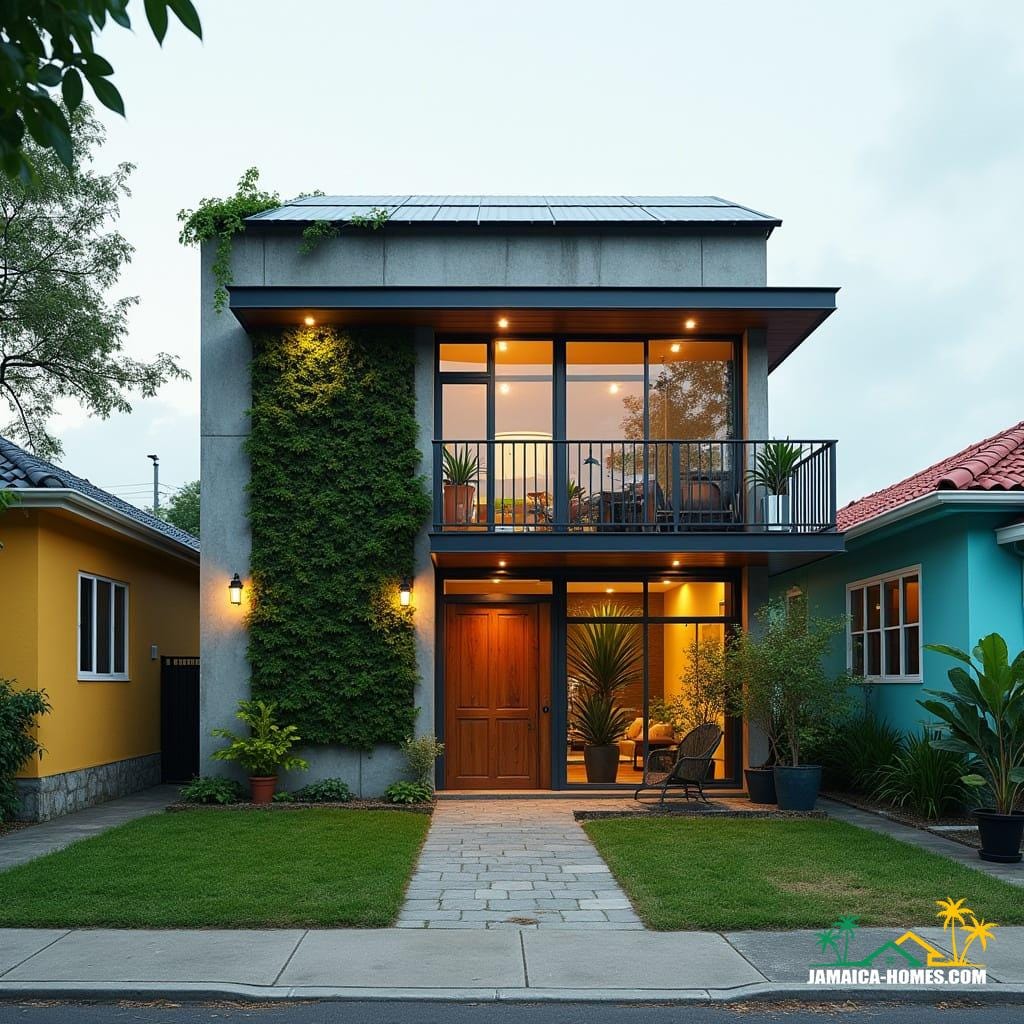 Compact urban modern home designed as a single 20-ft concrete module with an overlapping steel porch, optimized for a small suburban lot in Kingston. The facade features lush vertical gardens, and a skylight illuminates the living space. Solar panels adorn the roof, and slim horizontal windows minimize heat gain. The home is situated on a small lot between colorful neighboring houses, with a paved walkway leading to the entrance. Styled as a sleek, energy-efficient, modern urban aesthetic, presented as a cinematic film still shot on v-raptor XL with film grain, vignette, color grading, post-processing, cinematic lighting, 35mm film, live-action, best quality, atmospheric, a masterpiece, epic, stunning, dramatic.