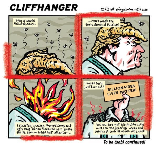 A four-panel cartoon by Art Spiegelman is critical of Trump.