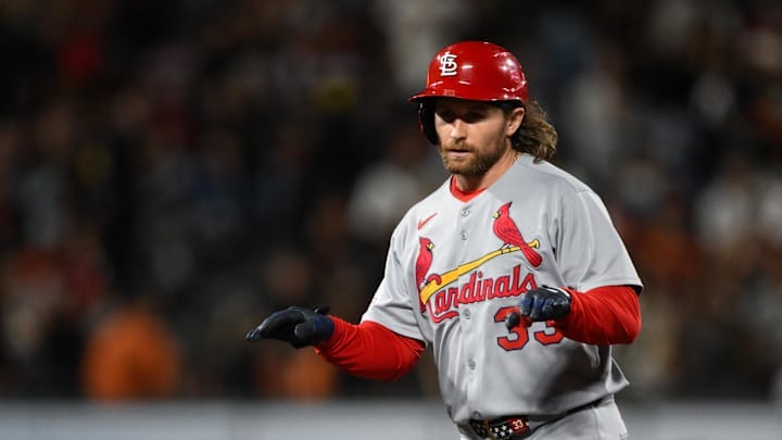 Sep 23, 2025; San Francisco, California, USA; St. Louis Cardinals second baseman Brendan Donovan (33) celebrates his double against the San Francisco Giants during the fifth inning at Oracle Park. Mandatory Credit: Eakin Howard-Imagn Images