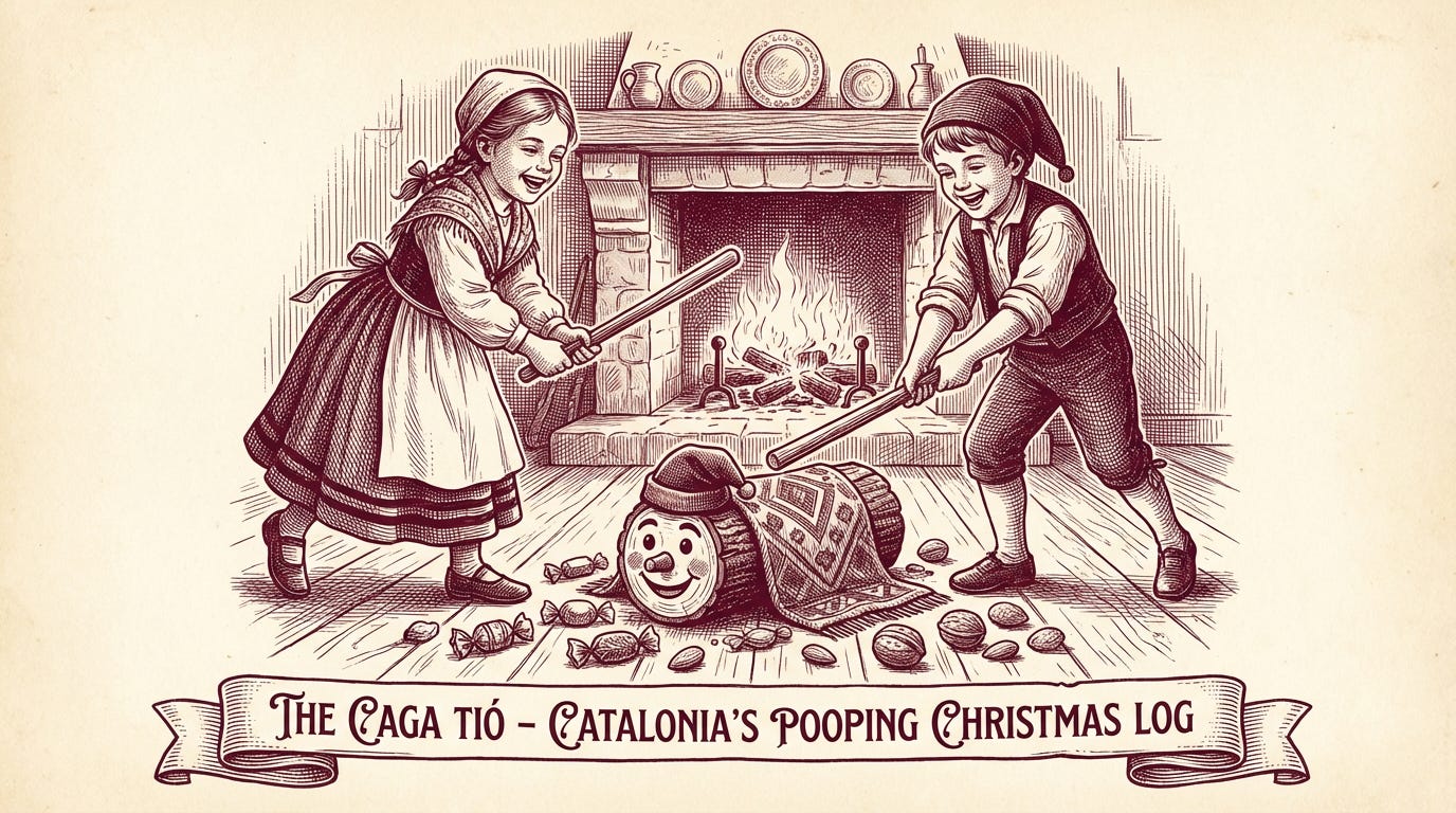 Episode artwork for 'The Caga Tió' featuring vintage engraving-style illustration of two Catalan children in traditional clothing laughing as they beat a small wooden log with sticks. The log has a painted smiley face, red hat, and patterned blanket draped over it. Wrapped candies and nuts scatter across the wooden floor beneath the log. A warm fireplace burns in the background of the cozy home interior. Burgundy line art on cream background with decorative banner at bottom reading 'The Caga Tió - Catalonia's Pooping Christmas Log.'