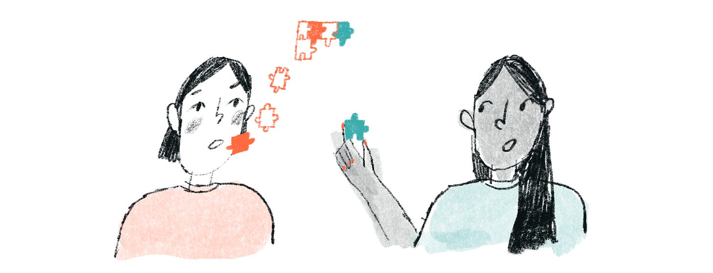 A woman explaining to a companion. Her words are jigsaw pieces. Some are missing. Her companion offers her a piece. 